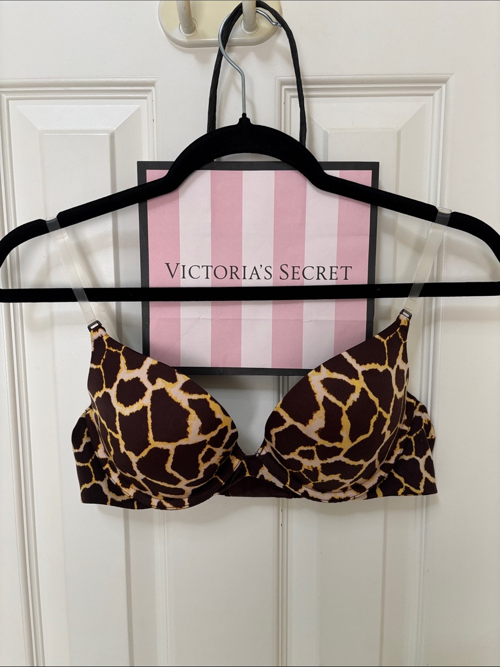 Victoria's Secret Brown & Cream Giraffe-Print Push-Up Bra with Clear Straps